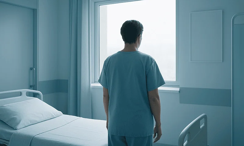 Male patient in hospital room looking out the window.