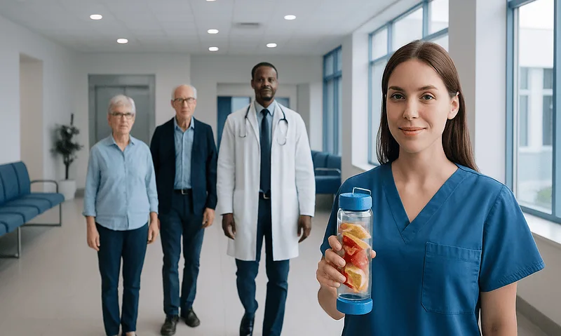 Young nurse holding fruit-infused water bottle in hospital corridor.
