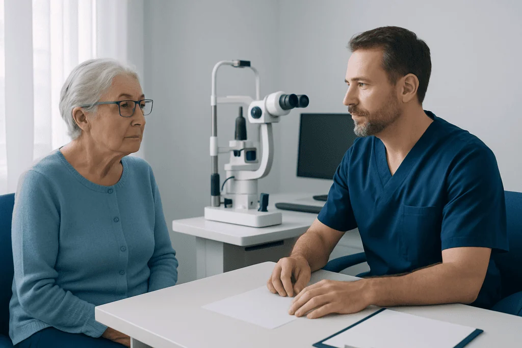 Ophthalmologist consulting elderly patient in a clinic setting.