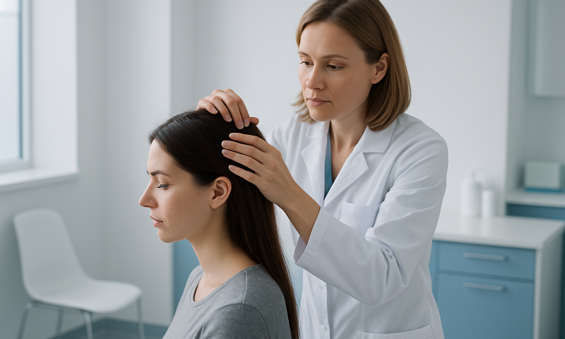 Doctor performing a scalp examination on a patient in a medical clinic.