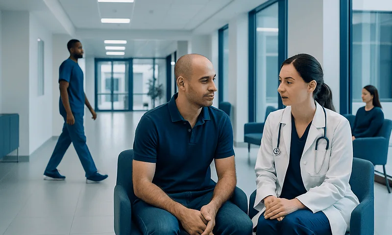 Patient consulting with doctor in modern hospital corridor.