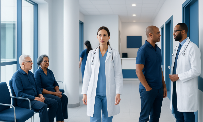 Medical staff and patients in a hospital corridor.