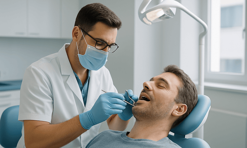 Dentist performing dental examination on patient in clinic.