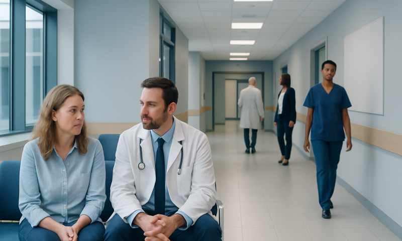Doctor consulting with a patient in a hospital corridor.