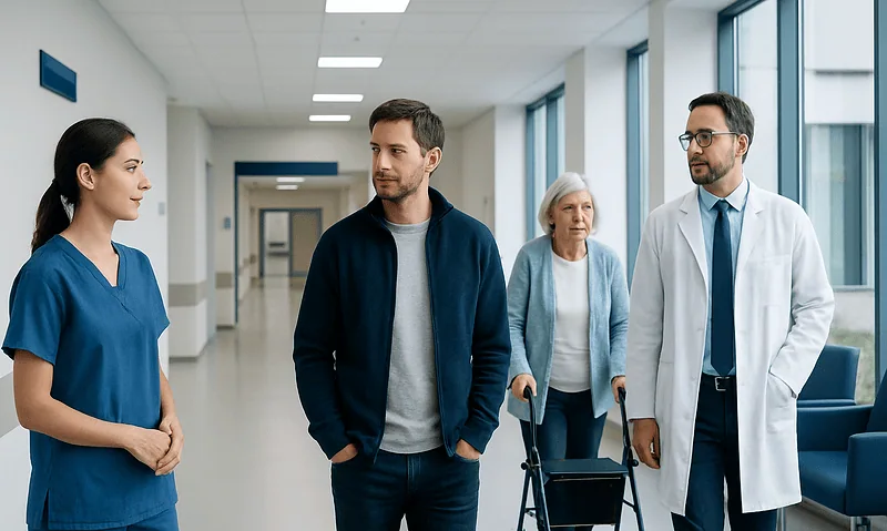 Patients and healthcare professionals in a hospital corridor at Acibadem Hospitals Group.