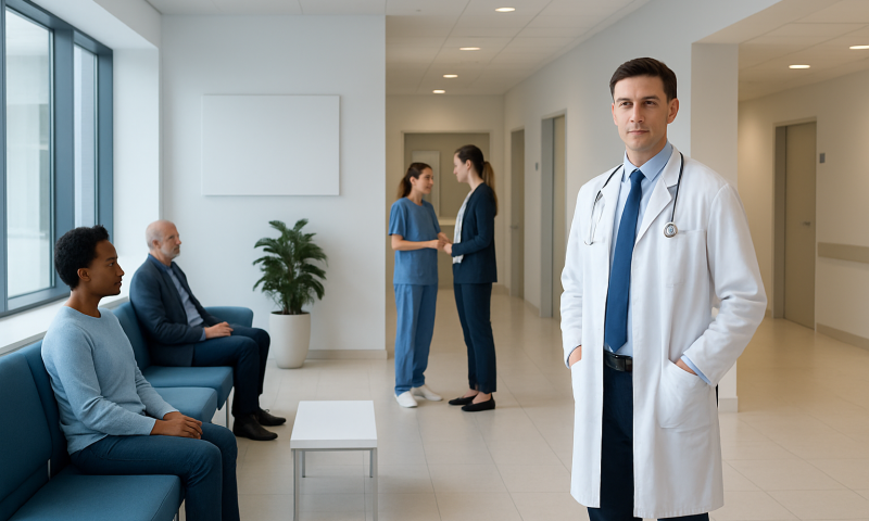 Doctor in hospital corridor with patients and staff in background.