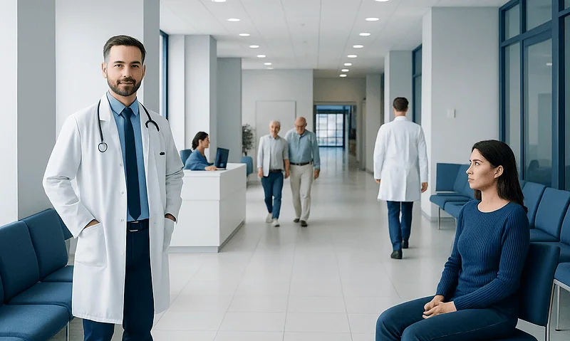 Modern hospital corridor with doctors and patients in a healthcare setting.