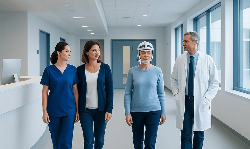 Medical team walking in hospital corridor with doctor and nurses.