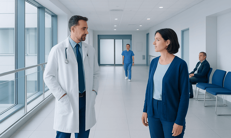Doctor and patient having a conversation in a modern hospital corridor.