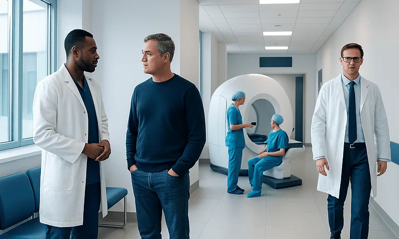 Doctors and patient in a hospital corridor with MRI scanner in background.