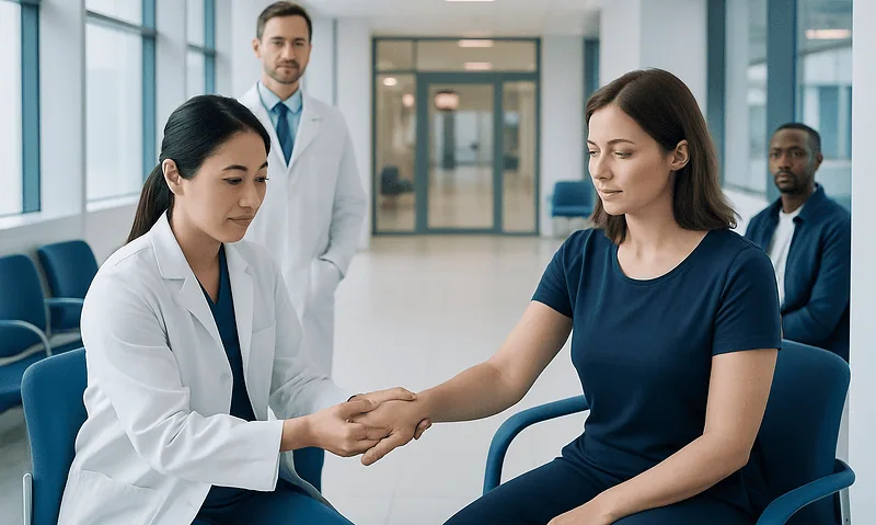 Doctor shaking hands with patient in hospital corridor.