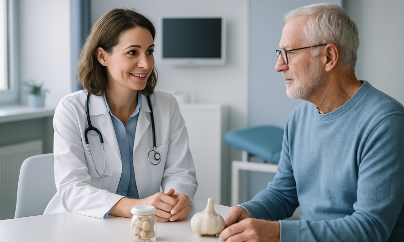 Doctor consulting with elderly patient in a medical office setting.
