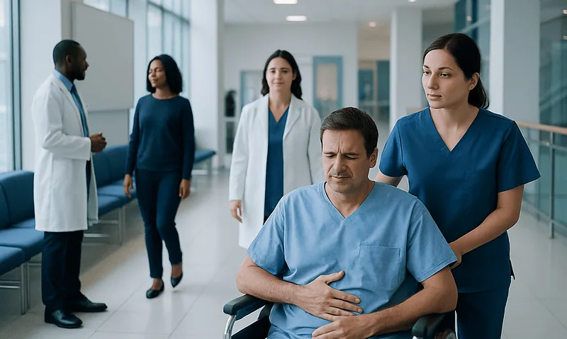 Patient experiencing post-operation gas symptoms in hospital corridor.