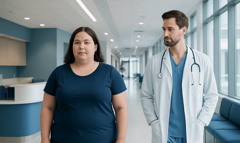 Patient consulting with doctor in hospital corridor.