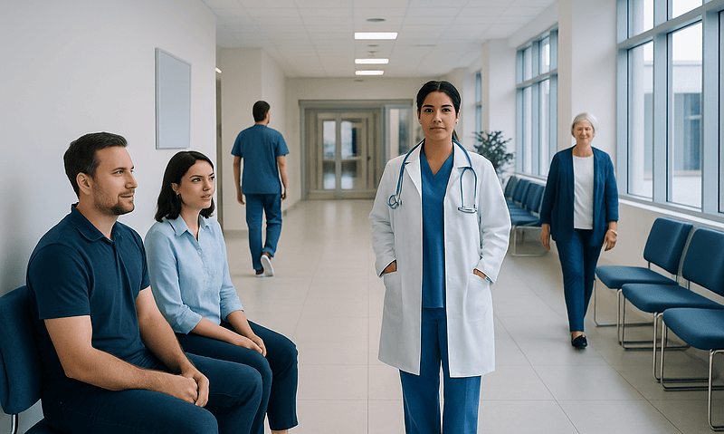 Healthcare professionals and patients in a modern hospital corridor.