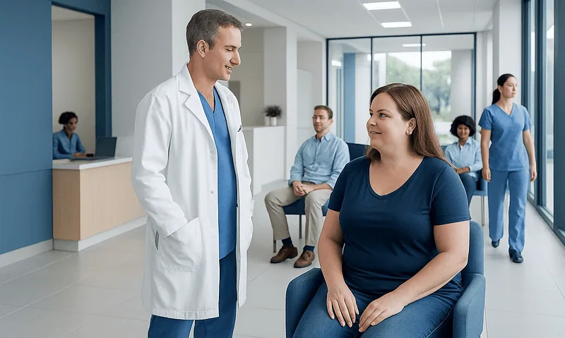 Doctor consulting a patient in a hospital corridor with medical staff in background.
