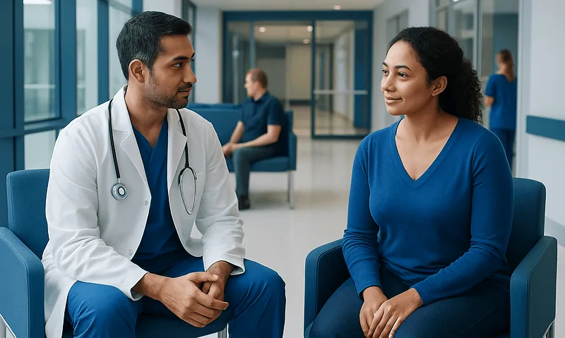 Doctor consulting with a patient in a hospital corridor.