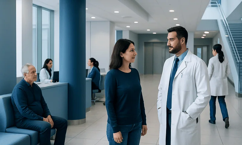 Doctor consulting with a patient in a modern hospital lobby.