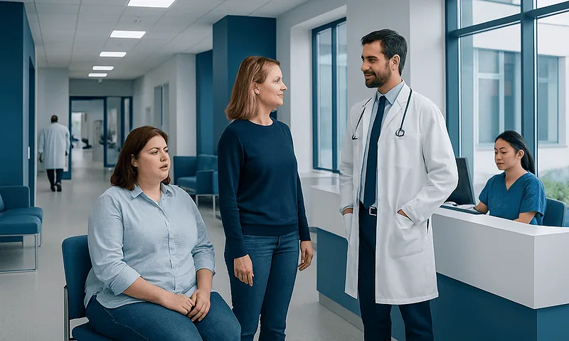 Doctor consulting with female patient in hospital corridor.