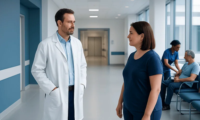 Doctor and patient having a conversation in hospital corridor.