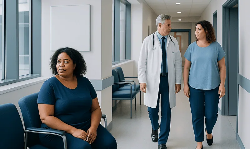 Doctor consulting with a patient in a hospital corridor.