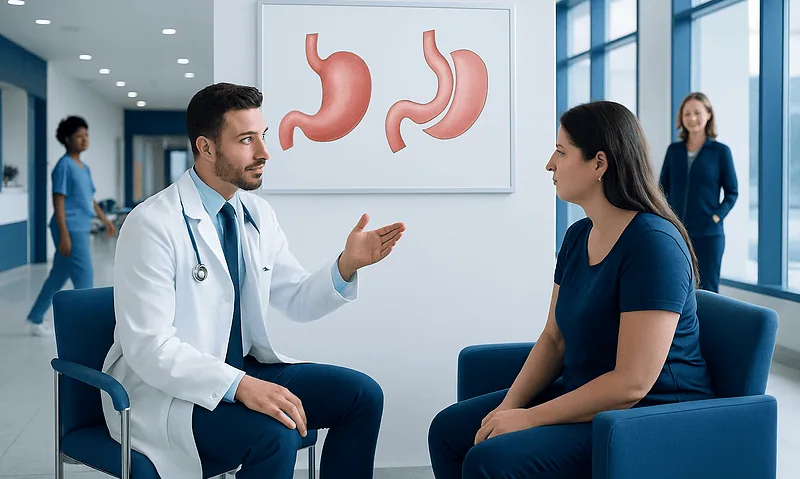 Doctor explaining gastric surgery options to a patient in a hospital setting.