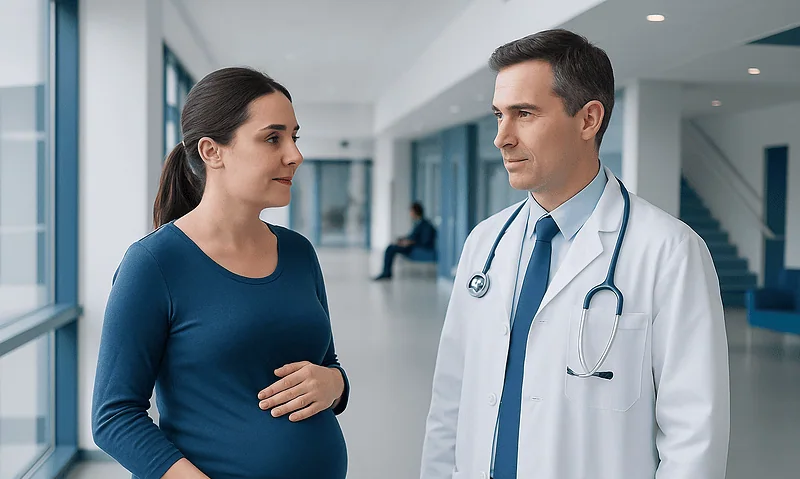 Pregnant woman consulting with a doctor in a hospital corridor.