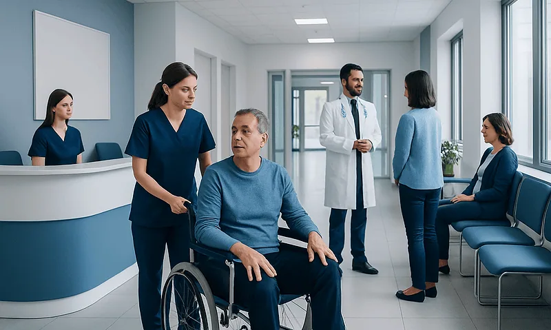 Hospital staff consulting with a patient in a modern medical facility.