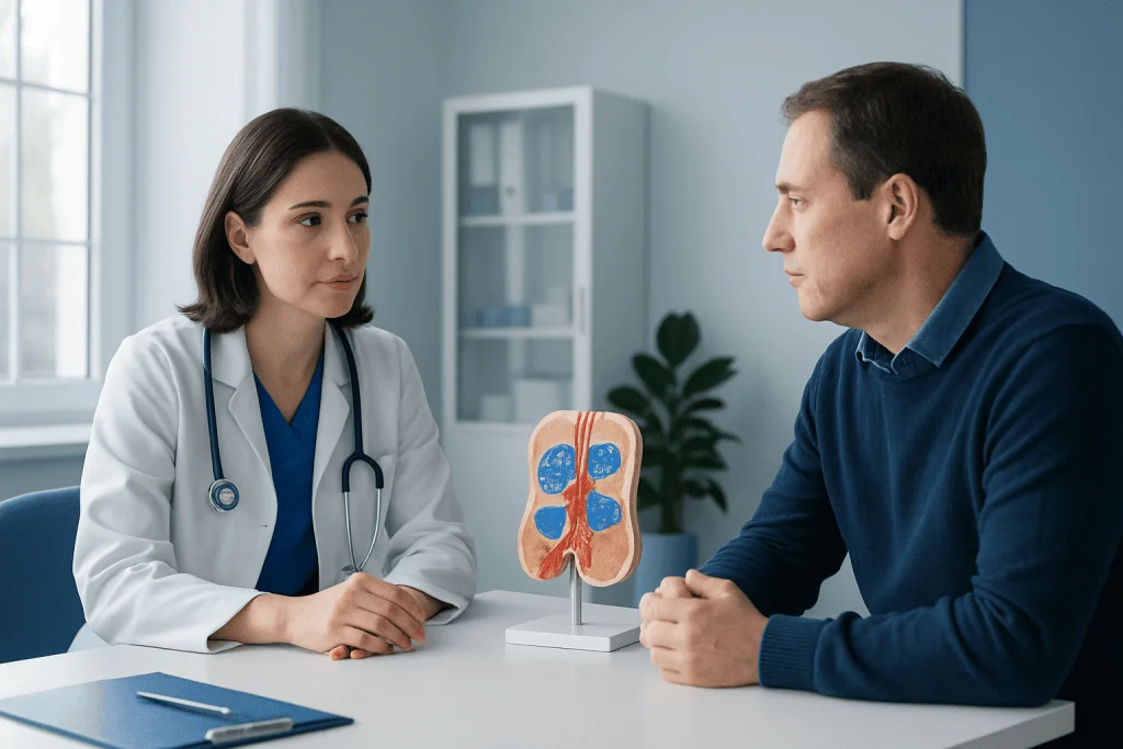 Doctor explaining kidney health to a patient with a kidney model.