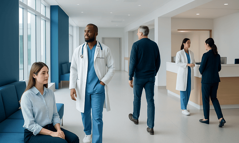 Medical professionals and patients in a modern hospital corridor.