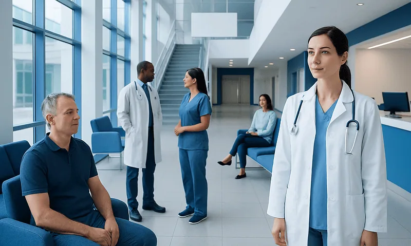 Medical team consulting with a patient in a modern hospital lobby.