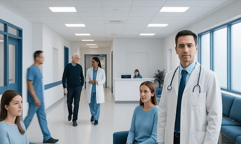 Medical team and patients in a modern hospital corridor.