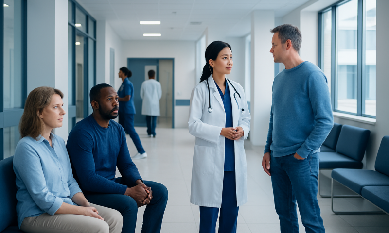 Doctor consulting with patients in a hospital corridor.