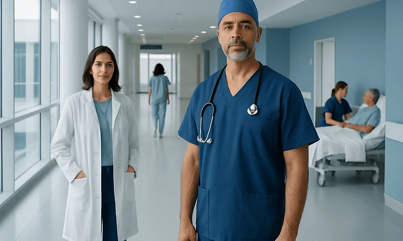 Medical team in hospital corridor with thoracic surgery focus.