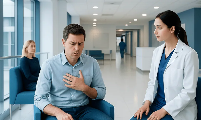 Patient experiencing chest pain during medical consultation at Acibadem Hospital.