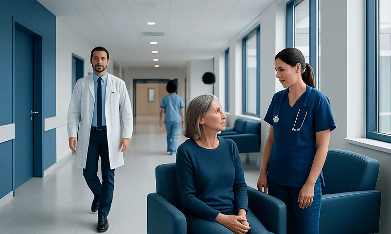 Healthcare professionals consulting with a patient in a hospital corridor.