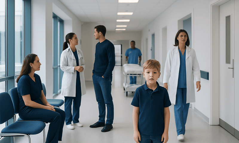 Hospital corridor with medical staff and patients in a modern healthcare facility.