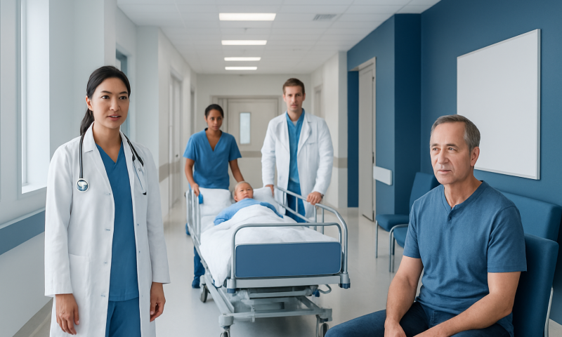 Hospital staff attending to a patient in a modern medical facility.