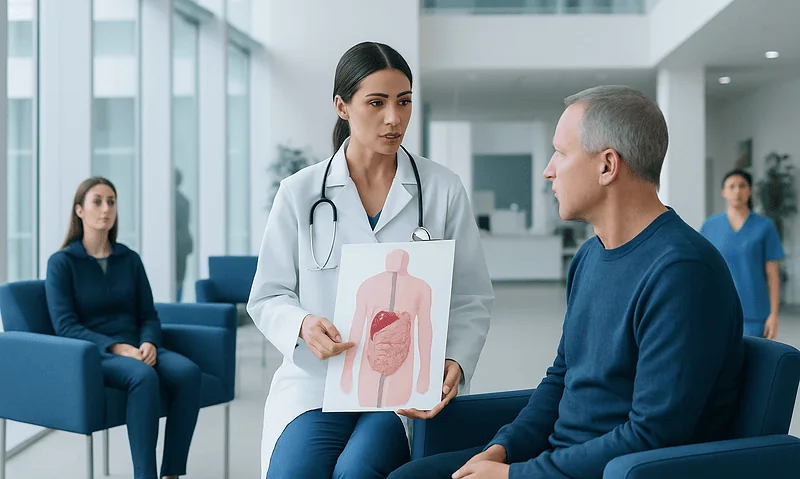 Doctor explaining stomach and digestive system to patient in hospital.