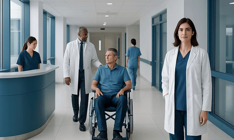 Medical team assisting a patient in a hospital corridor at Acibadem Hospitals Group.