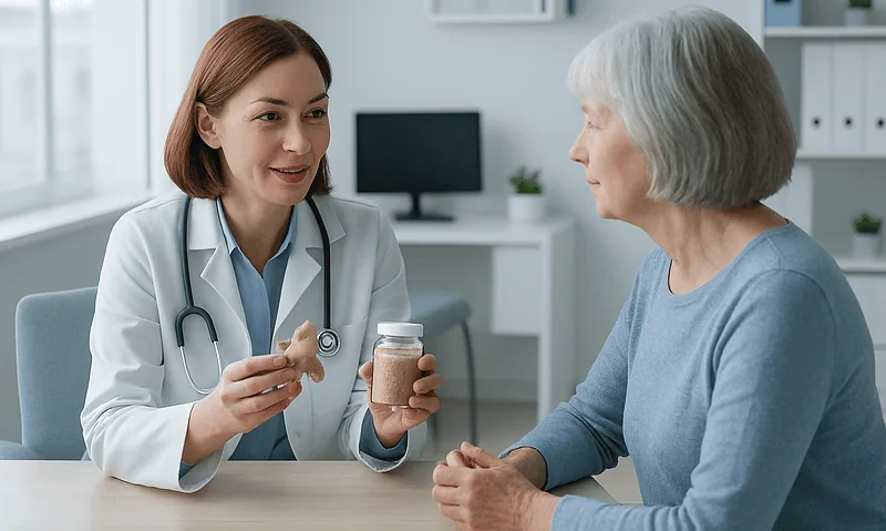 Doctor explaining ginger supplement benefits to elderly woman in clinic.