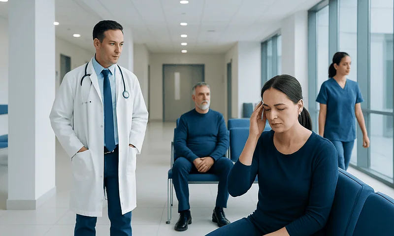 Doctor consulting with a woman patient in hospital corridor.