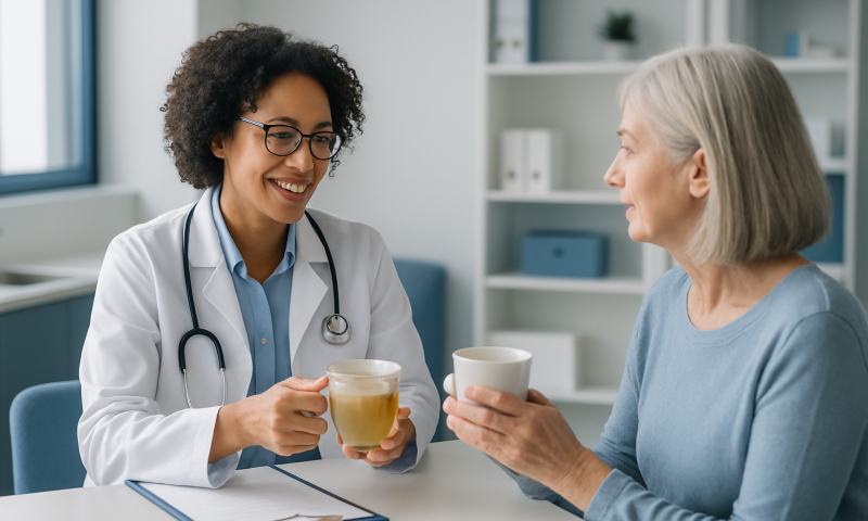 Doctor and elderly woman sharing a warm drink in a medical consultation.