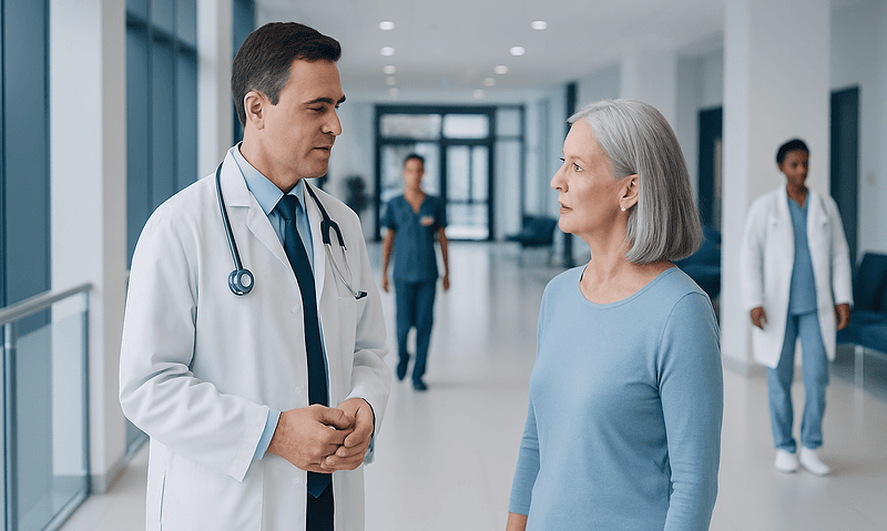 Doctor consulting with an elderly female patient in hospital corridor.
