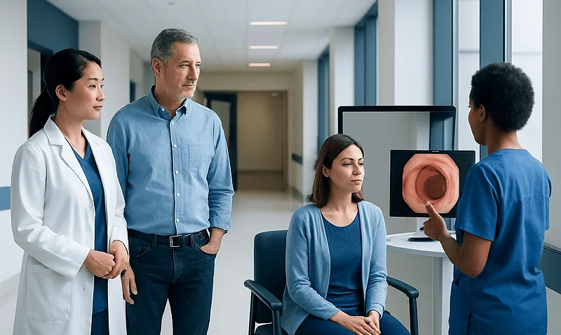 Doctor explaining colonoscopy results to patient with medical team in hospital corridor.
