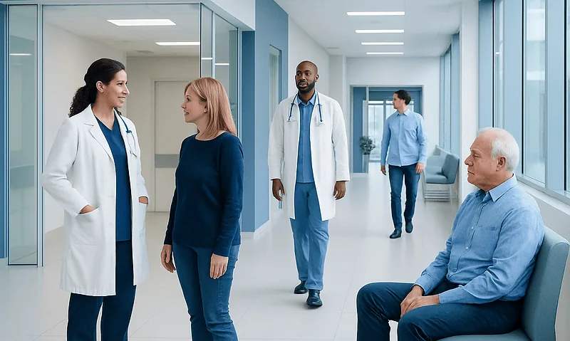 Medical staff and patient in hospital corridor at Acibadem Hospitals Group.