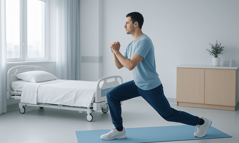 Man performing lunges in a hospital room for physical therapy.