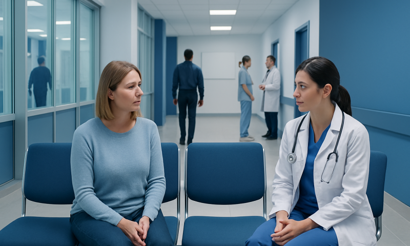 Patient consulting with doctor in hospital corridor.