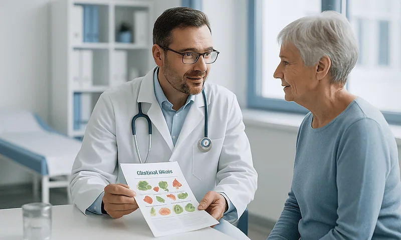 Doctor explaining glycemic index to an elderly woman in a hospital setting.