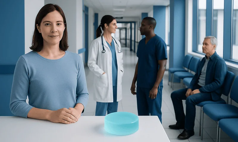 Healthcare professionals and patient in a modern hospital corridor.